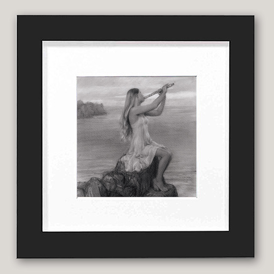 Flute Player by the Sea – 6×6 mini framed